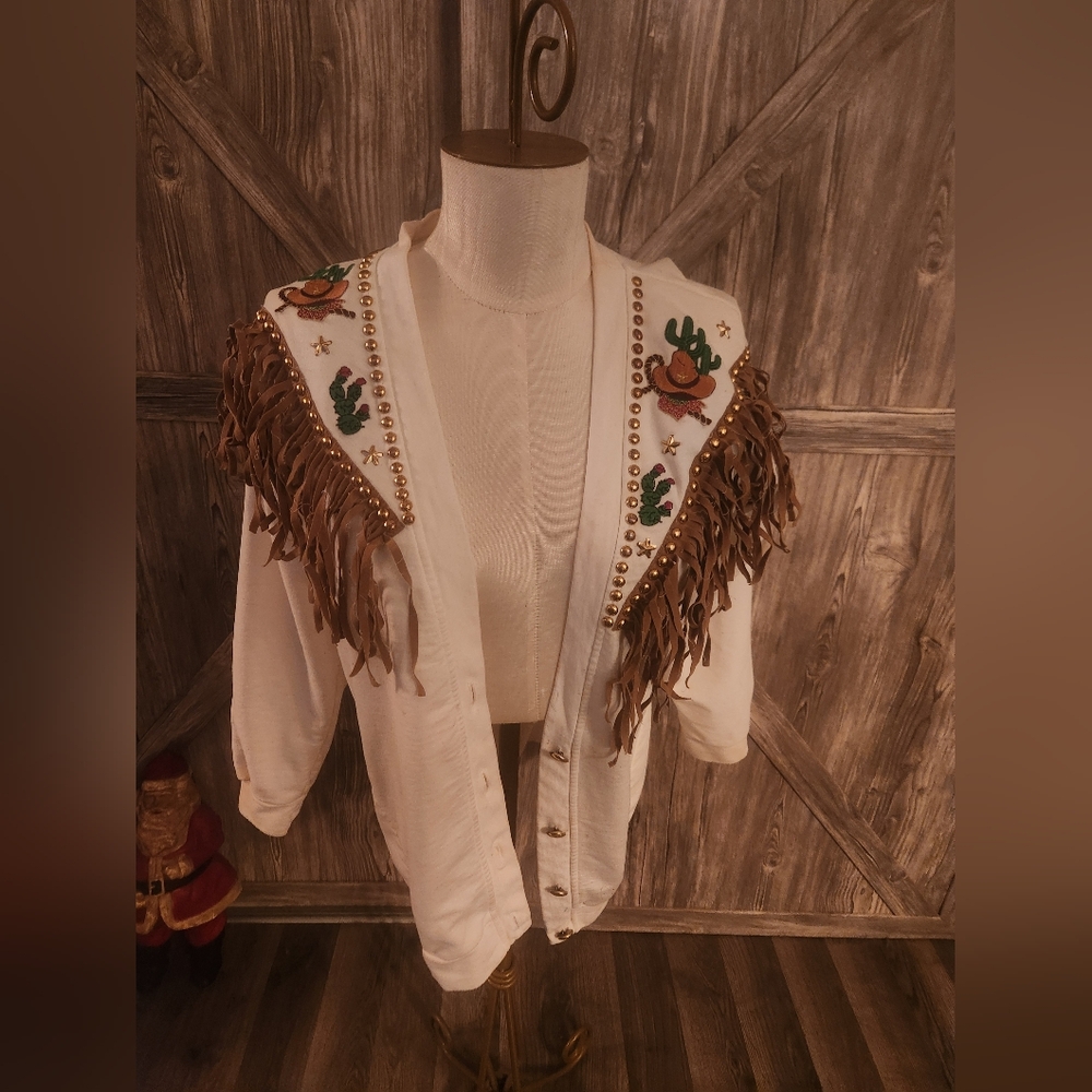 Fredricks Of Hollywood Fringe Embellished White Vintage Cardigan